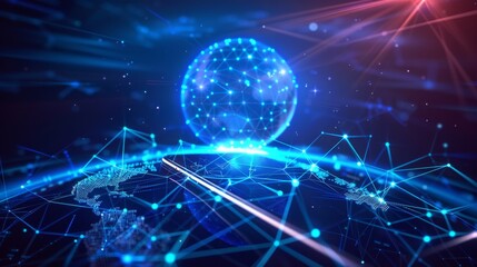 Obraz premium Communication via mobile internet globally. Internet on the phone via satellite. Smartphone digital connections to clouds services. Holographic interface.