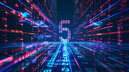Naklejka premium Symbol of 5G consisting of digits matrix. Concept of high speed internet via wireless networks. Global telecommunications signal connection. Abstract telecommunication signal connection with the
