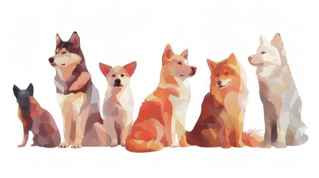 A watercolor painting of a group of dogs and a cat sitting in a row against a white background.