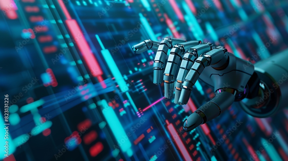 Poster in this concept, a robotic hand taps its finger on the chart of trading data of the forex stock exch