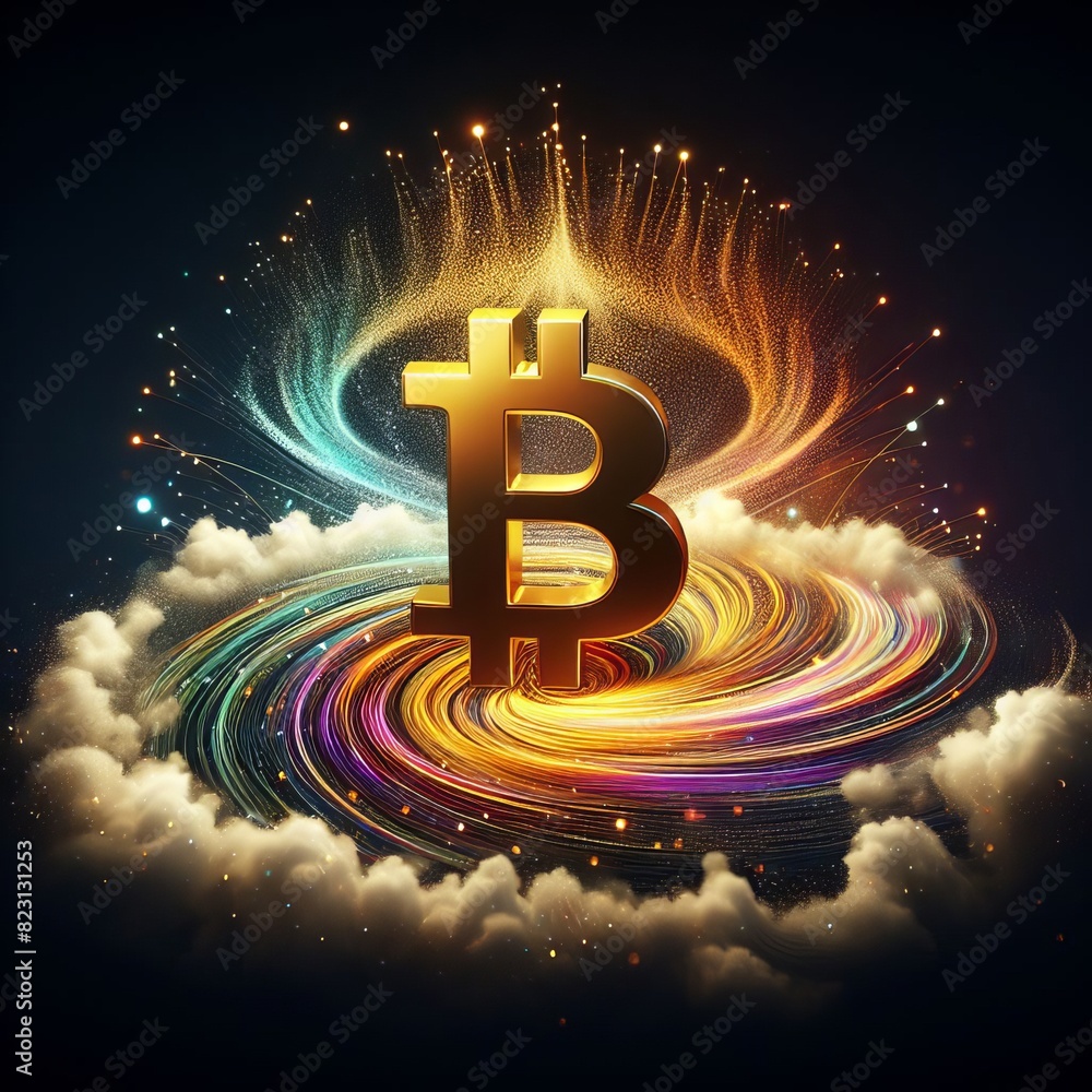 Poster a golden bitcoin symbol stands at the center of a swirl of vibrant colors and light effects, against