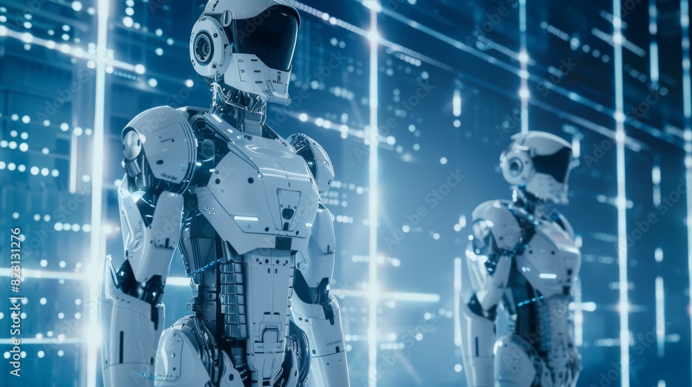 Poster a humanoid robot with ai. white cybernetic robotic cyborgs on blue background. fantastic mechanical 