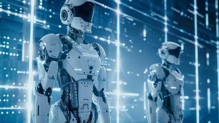 A humanoid robot with AI. White cybernetic robotic cyborgs on blue background. Fantastic mechanical characters from science fiction. Concept of artificial intelligence.