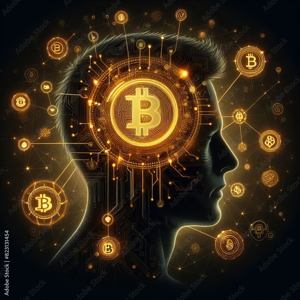 Poster a digital artwork showing a human profile overlaid with golden bitcoin symbols and circuit-like conn