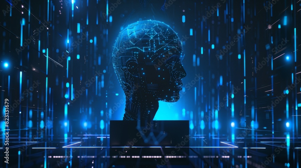 Aufkleber digital brain with ai in the spotlight. virtual hanging head on podium. world cybernetic mind contro