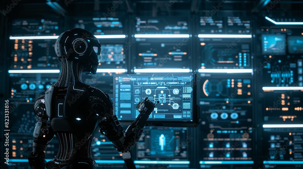 Poster ai robot works with industrial 3d virtual interface. cyborg rear view touches button holographic tou