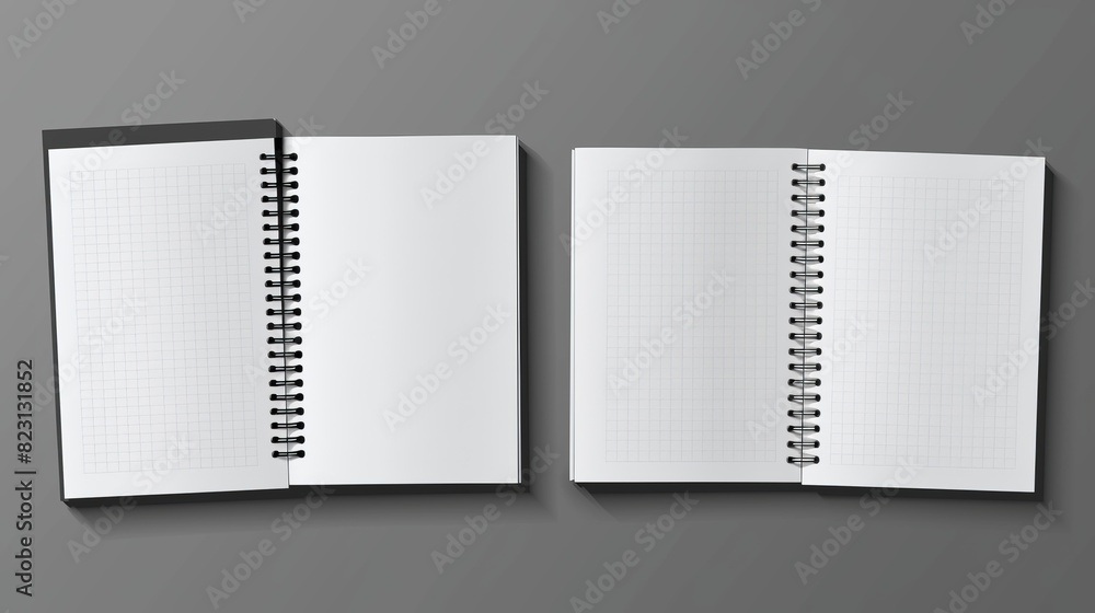 Poster a realistic set of mockups of notebooks isolated on gray background. top view of white sheets with b