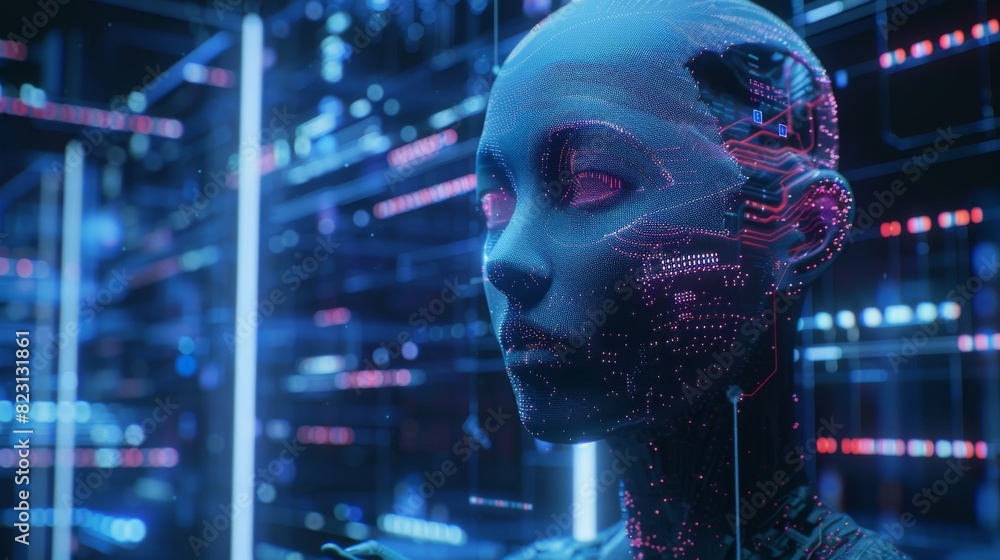 Poster an artificial intelligence head with neural network brain hangs over a virtual digital podium. a wis