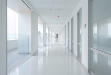 Clean Hospital Hallway with Reflective Flooring