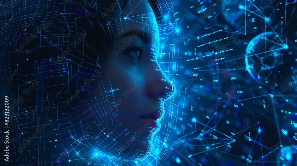 Poster ai conceptual futuristic blue banner. neuron network processes information in a network of neurons. 