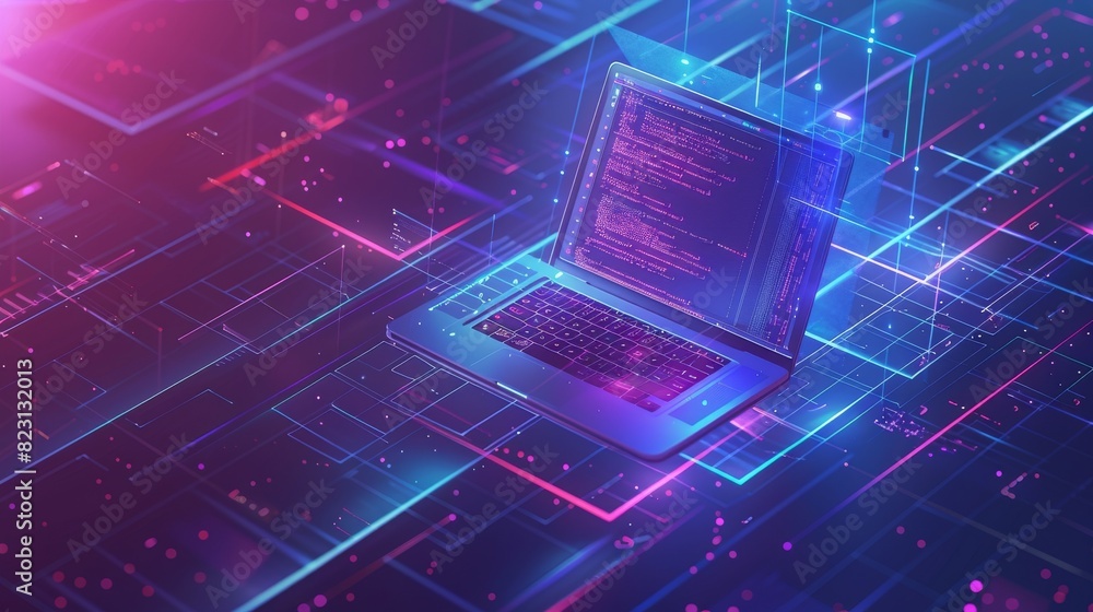 Poster isometric conceptual illustration of a laptop screen with code hanging over icons for coding apps, s