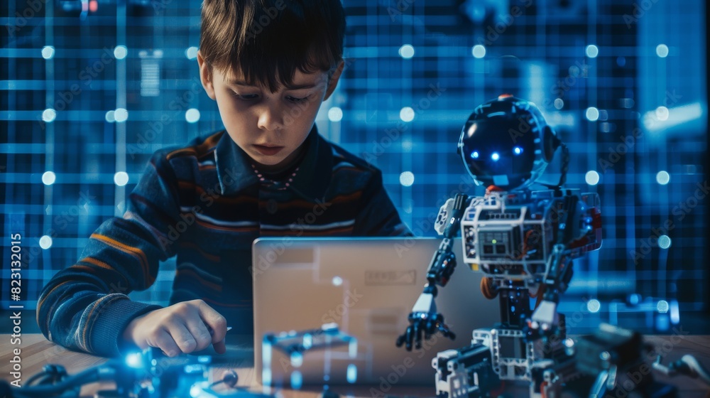 Poster in this lesson, a young boy builds a toy humanoid robot from constructor, programs it on a laptop, a