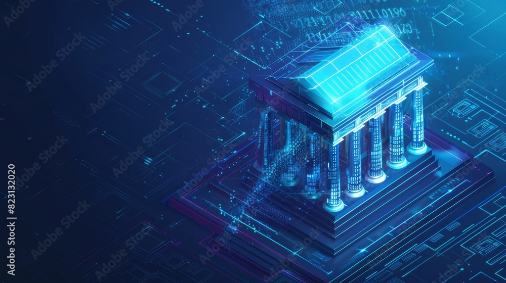 Poster internet banking 3d isometric banner of a bank building with columns of digits arranged on a laptop 