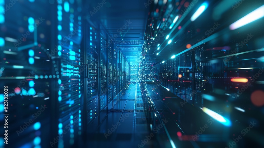 Poster network connection and information exchange lights glow in the dark at a data center. abstract digit