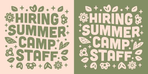 Fototapeta premium We are hiring summer camp staff work job recruiting announcement social media post text for camping. Retro vintage boho floral flowers plants groovy aesthetic illustration print poster vector.