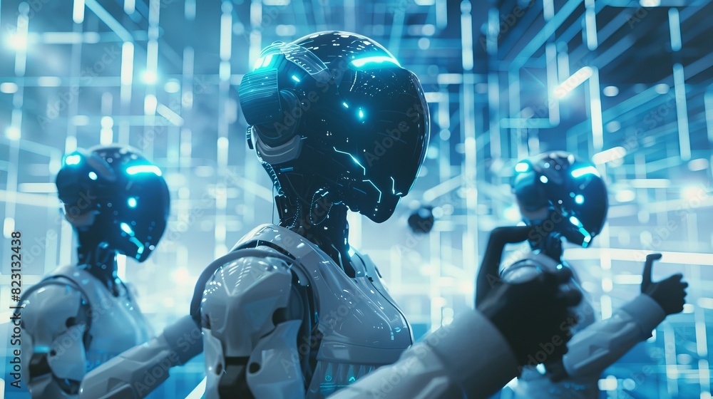 Poster as part of the fourth industrial revolution, cyborg robots interact with a virtual 3d interface in c