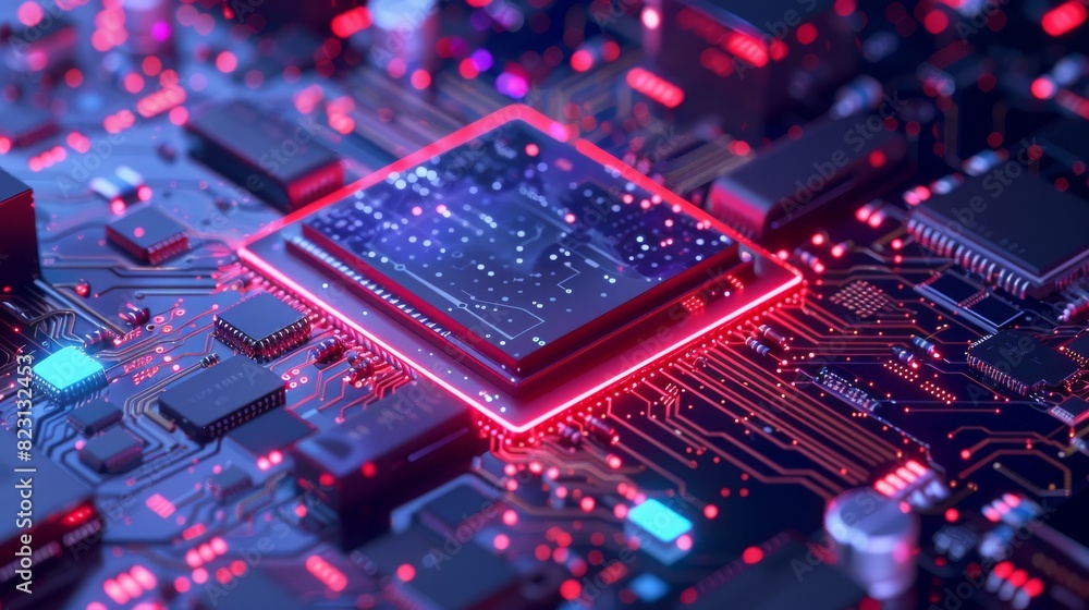 Poster computer cpu chip on motherboard processes data. abstract isometric concept banner. blockchain, fint