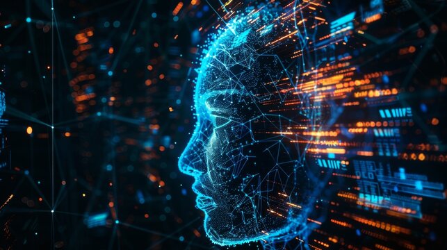 AI or artificial intelligence using the computer brain as a neural network. Programming and deep learning for neural networks. Robots with cognitive machines. Abstract interfaces.