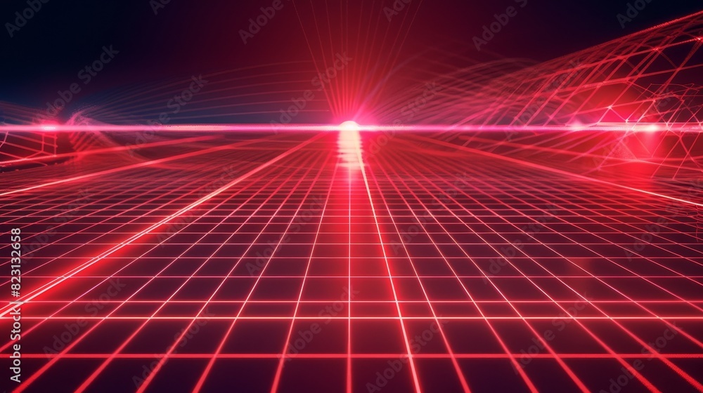 Poster a retro futuristic 80s sci-fi matrix landscape with a vaporwave red laser grid angle. modern illustr