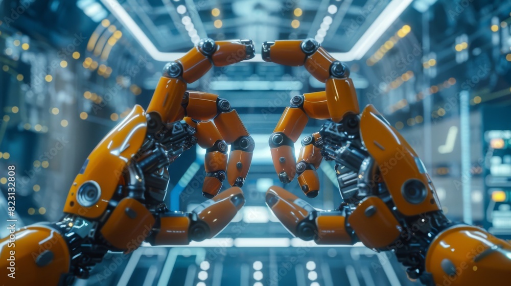Aufkleber an artificial intelligence controlled robot or cyborg controls robotic arms on a factory or manufact