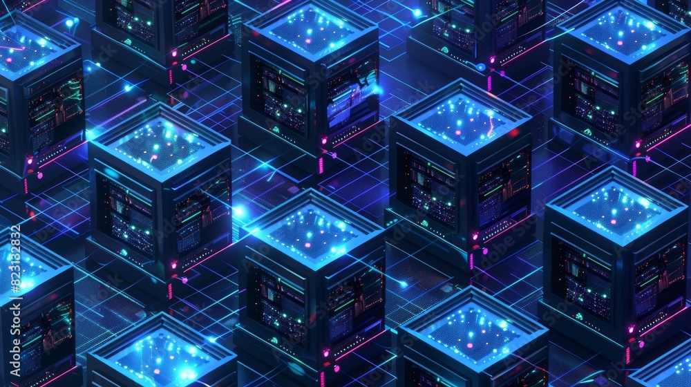 Poster an isometric view of blockchain technology. a computer farm mines cryptocurrency, your digital money