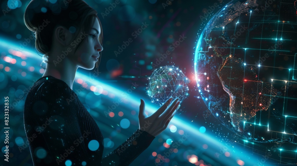 Poster artificial intelligence in image image of cyborg woman. world in space connected by global internet.