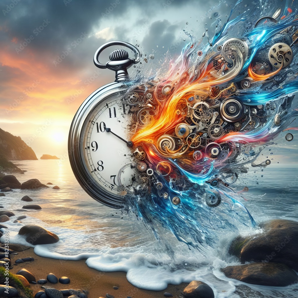 Poster an artistic concept of a clock melting into a dynamic mix of water and fire elements, symbolizing fl