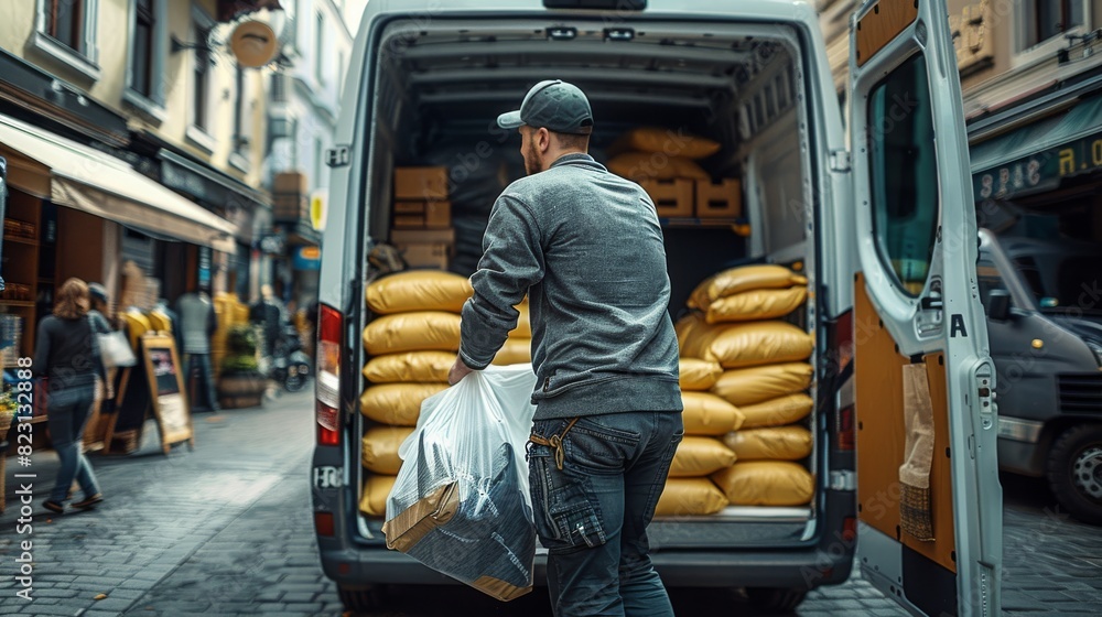 Poster A person unloading poly bags filled with tee shirts from the back of an open van, set in front of a delivery van which has poly mailers bags stacked inside. summer time and bright. Generative AI.