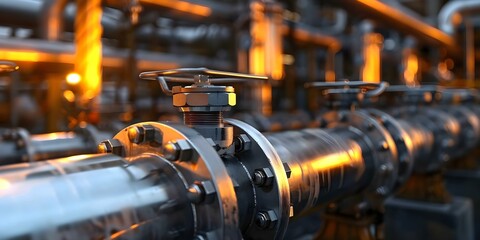 Valves in an oil and gas processing plants pipeline system. Concept Flow Control Valves, Pressure Relief Valves, Control Valves, Safety Valves, Check Valves
