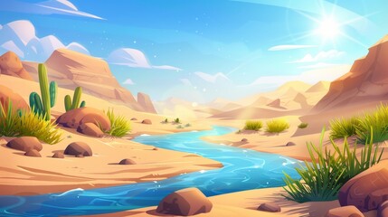 Sahara desert river flowing through stone banks, green plants growing near water, sunlight flaring in air, and a blue sky with white clouds. Modern illustration of hot sand dunes landscape, stones on