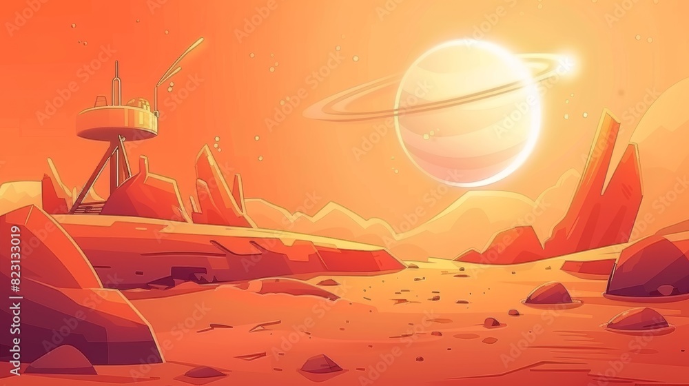 Poster cartoon illustration of flying platform on martian desert with fantasy spaceship and childish comput