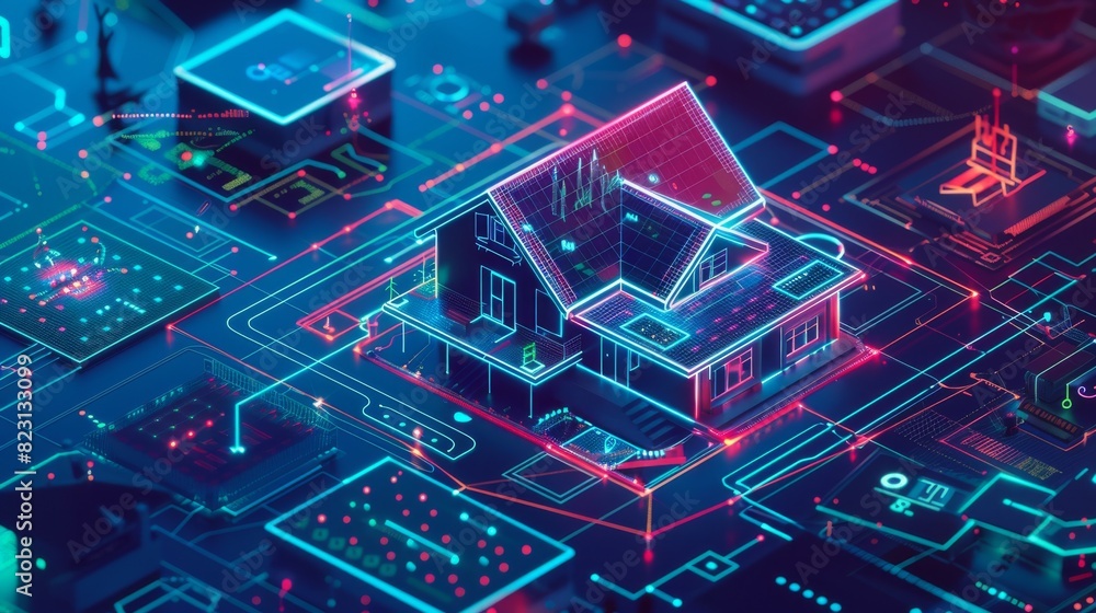 Poster iot concept. phones control the house and smart devices are secure. monitoring of all household appl