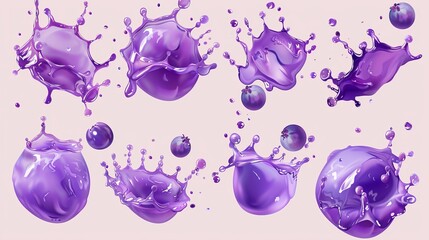 Grape juice splash modern illustration template set with berries and a green background. Isolated realistic blueberry cocktail drink wave. Beetroot or blackberry violet sweet juicy stream