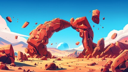 Modern illustration of Mars desert landscape with floating rocks and rocky arch background. Monument formation in a sand environment with drought.