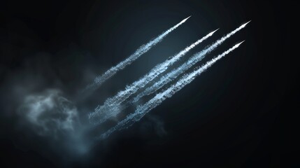 Fototapeta premium Smoke trails isolated on black background. Modern illustration of condensed lines left by aircraft in the sky, missile launch contrails, rocket flight, space missions, aviation speed.
