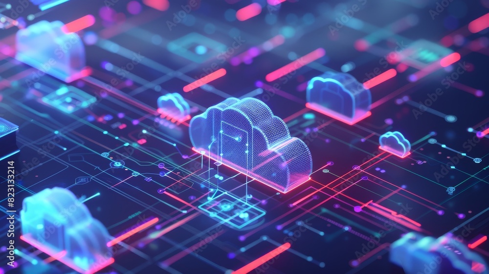 Poster an abstract animation of a 3d rendered abstract isometric cloud on a server. device communication wi