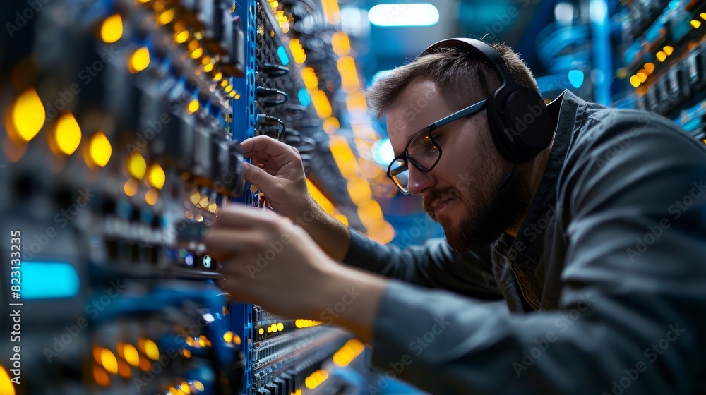 Poster a network technician working on a network setup, configuring routers and switches