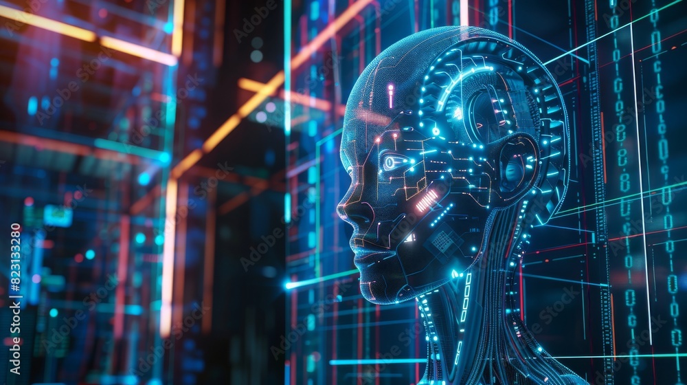 Poster the image shows a robot head hanging over the podium and observing a virtual dashboard. the image al