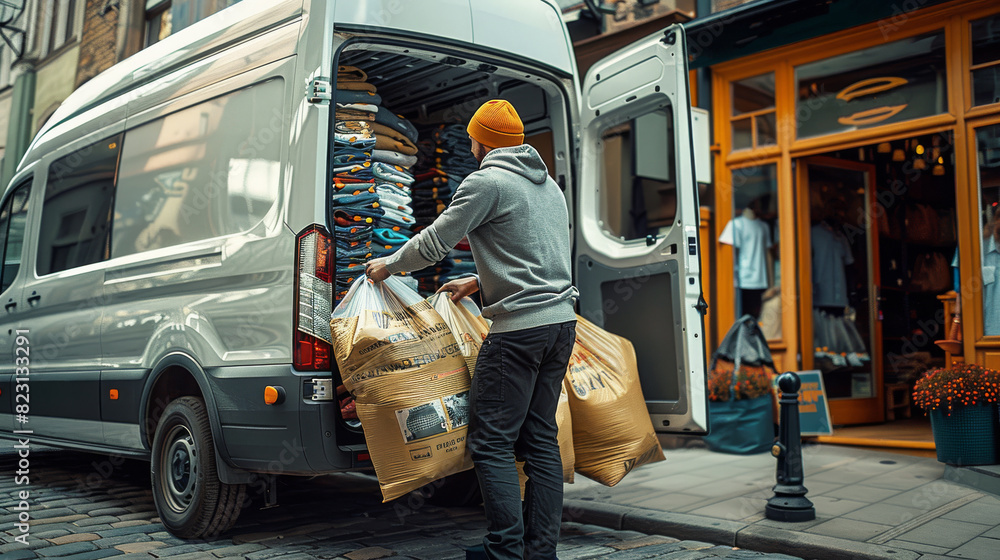 Poster A person unloading poly bags filled with tee shirts from the back of an open van, set in front of a delivery van which has poly mailers bags stacked inside. summer time and bright. Generative AI.