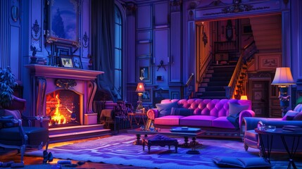 The interior of a cozy castle living room design with a sofa, lounge table, armchair, and carpet near the stairs. Flames of heat illuminate the living room at night.