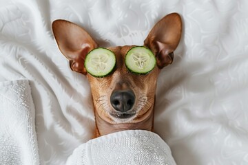 Black and tan dachshund dog in wellness spa with cucumber on eyes, covered with a towel. Dog with with a piece of cucumber on it eyes relaxing on the bed at home. Top down view. Empty space for text