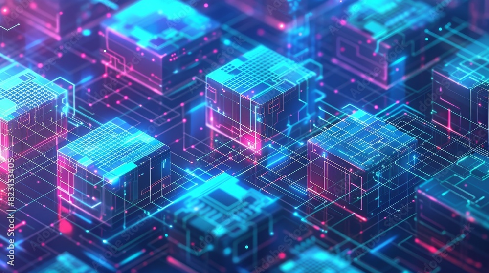 Poster isometric blockchain concept for fintech. cryptocurrency mining technology. financial pyramid in the