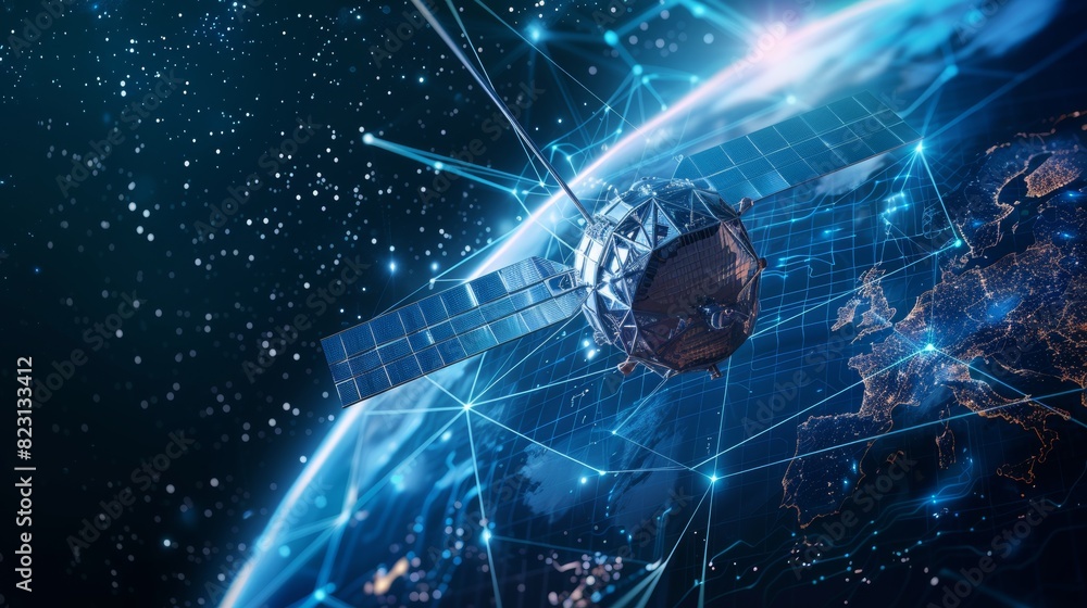 Poster global telecommunications abstract illustration. wireless satellite network in orbit. world map show