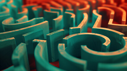 Intricate circular maze under colored lighting.