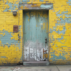 Weathered door in a vibrant, peeling yellow brick wall.
