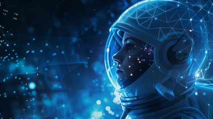 The head of an astronaut or cosmonaut in a helmet, looking out at space in the cosmos. A sci-fi portrait of a woman astronaut in space suit. The view from a helmet of a woman astronaut standing in