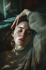 Young woman with closed eyes, resting peacefully.