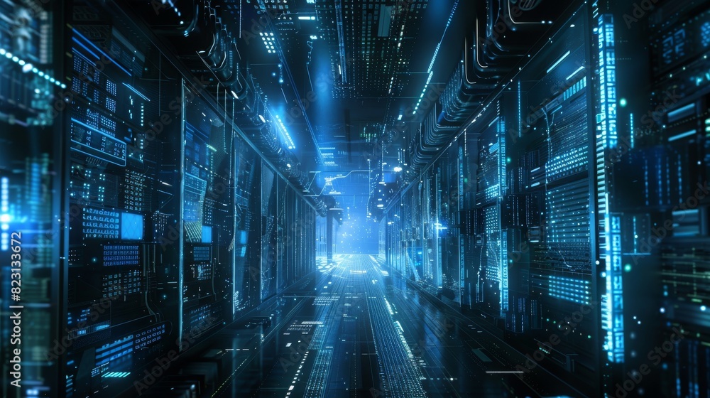 Poster cloud storage servers and data centers. dark data centers with lights emitting data signals. compute