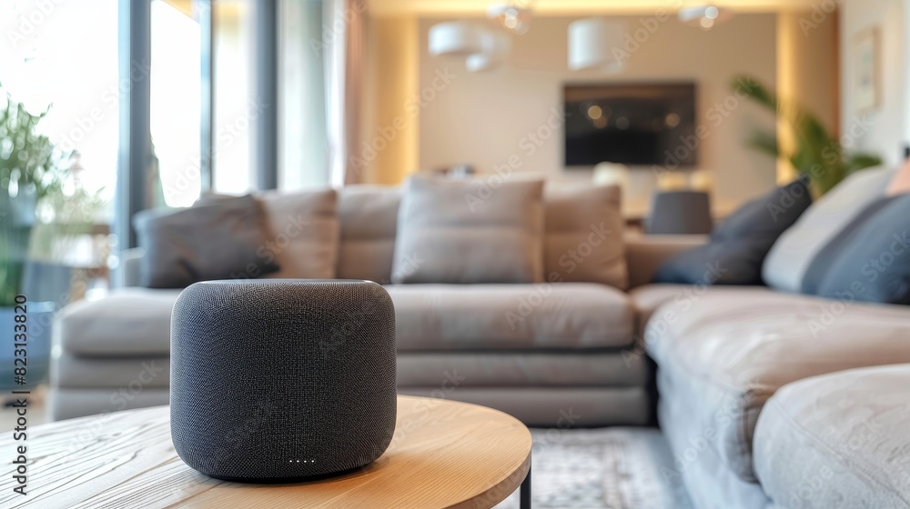 Sticker a smart speaker centrally placed in a modern living room, interacting with various smart home device