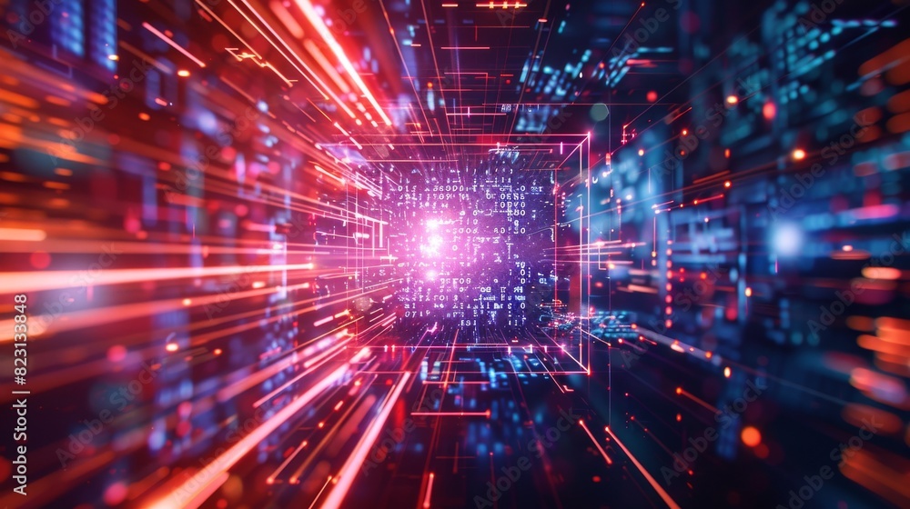 Poster abstract pictorial representation of quantum computer. digital signals pass through qubits in core o